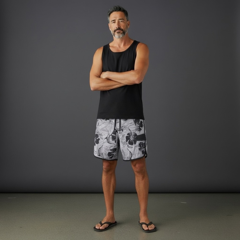 AFTCO Bluewater Mens Board Shorts Grey Black Marlin Hibiscus Print Size‎ 32